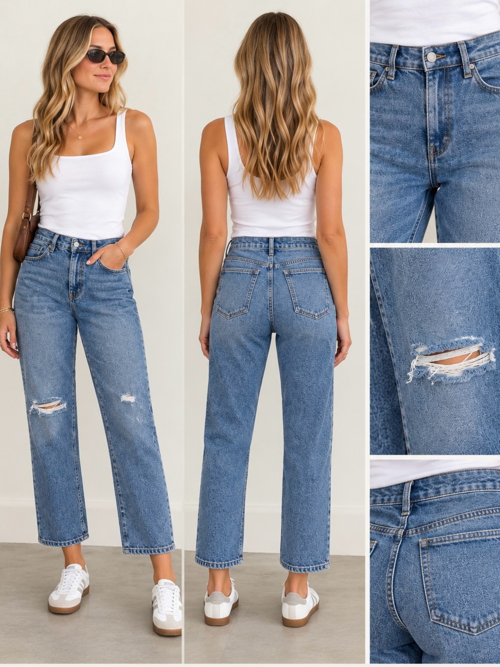 Rewash High-Rise Straight Leg Jeans in Light Blue with Distressed Knee